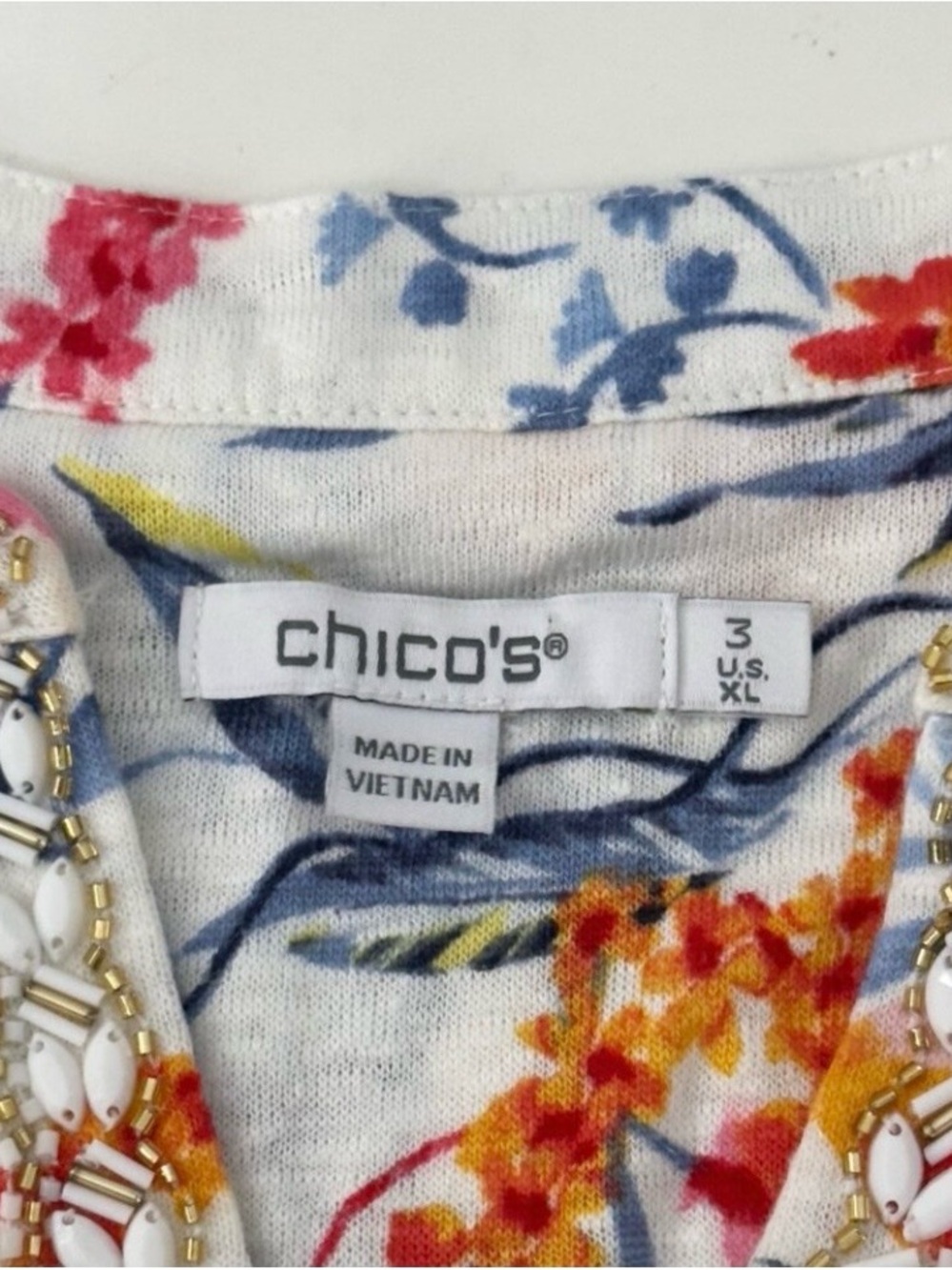 Chicos SZ 3 US XL Womens Nautical Floral Linen Tunic Top With Embellished Collar - Picture 5 of 8